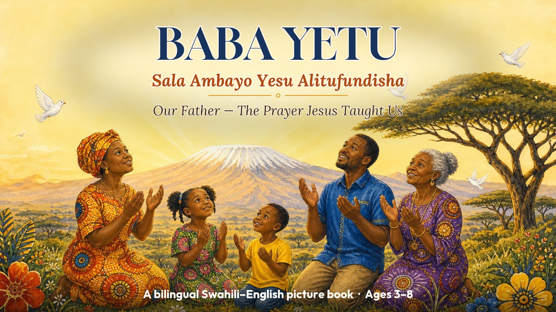 Cover of Baba Yetu — a bilingual Swahili and English children's picture book of the Lord's Prayer, showing a Tanzanian family praying before Mount Kilimanjaro
