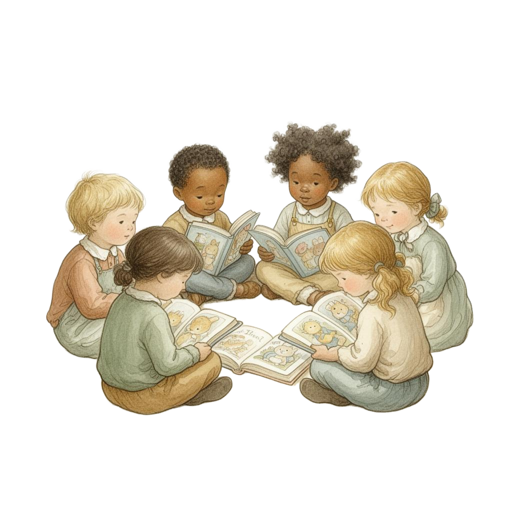 Diverse group of happy children reading books together